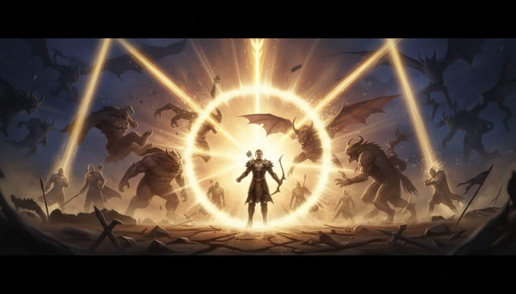 Hero standing inside radiant shockwave while monsters close in—clutch one-shot moment, comeback glory, final-circle victory aura