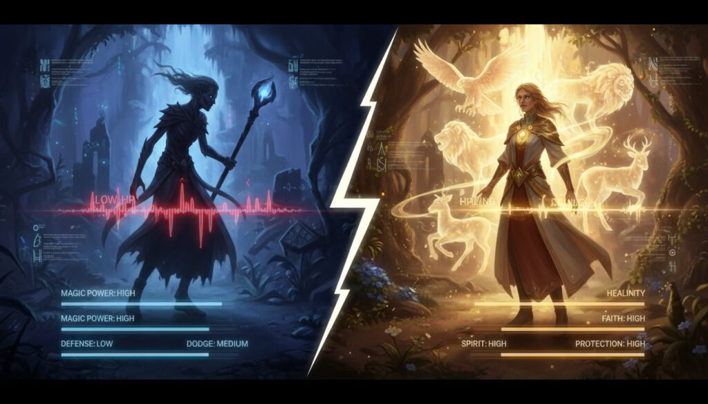 Split-screen power contrast: fragile shadow mage vs radiant faith summoner with spirit animals—low HP panic versus divine healing surge, emotional build comparison showdown
