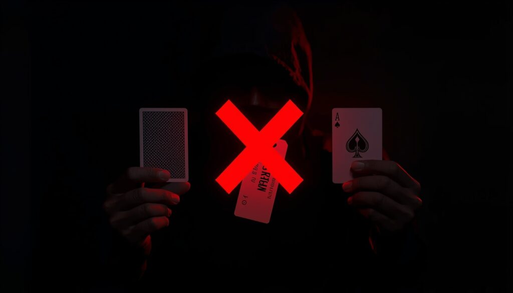 Dark warning scene with fake cards crossed in red—scam danger vibes, trust vs trap showdown, emotional buyer anxiety, protect your wallet moment
