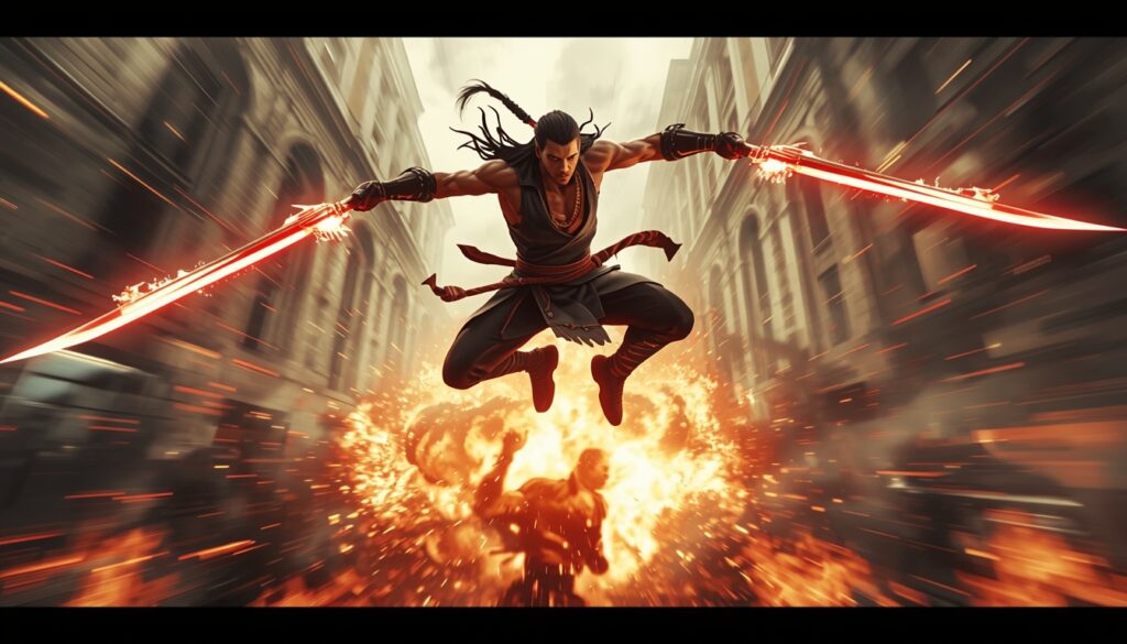 Twin blades, airborne strike—blink and it’s over. Pure violence in motion.