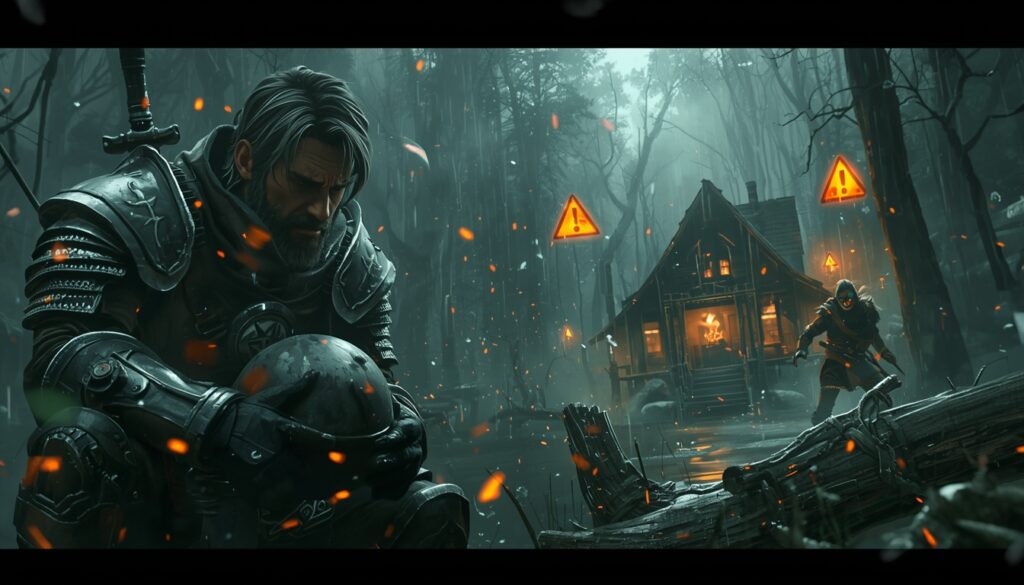 Exhausted armored knight clutching his helmet near a cursed cabin as warning icons glow in the fog—quest-breaking chaos, NPC panic, and pure player frustration