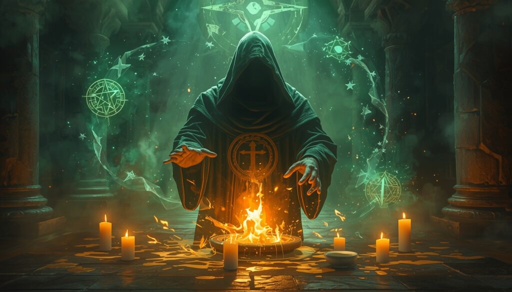 Hooded mystic summoning fire inside an ancient shrine, arcane symbols swirling in emerald light—dark rituals, forbidden knowledge, and intoxicating magical power
